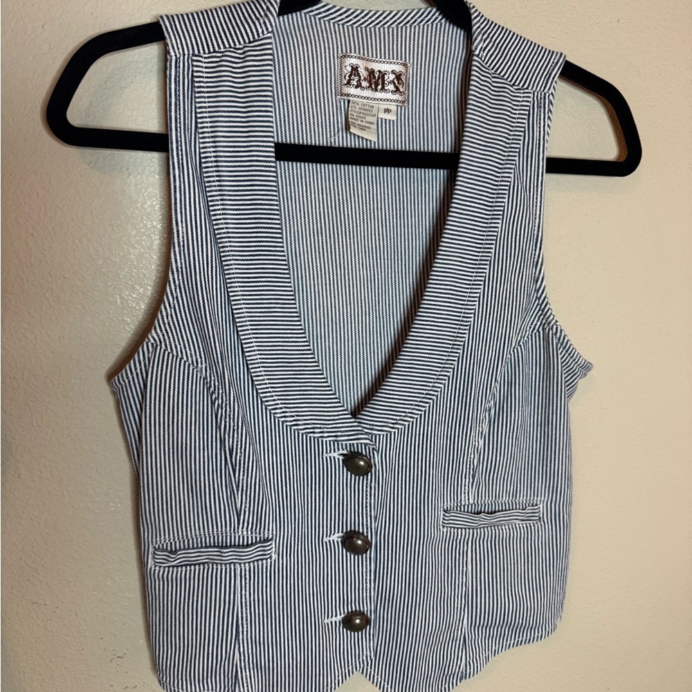 Vintage AMI Pinstripe Tailored Vest Blue White Y2K Petite